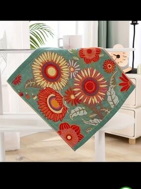 Floral Sunflower Jacquard Kitchen Towel - Teal & Red